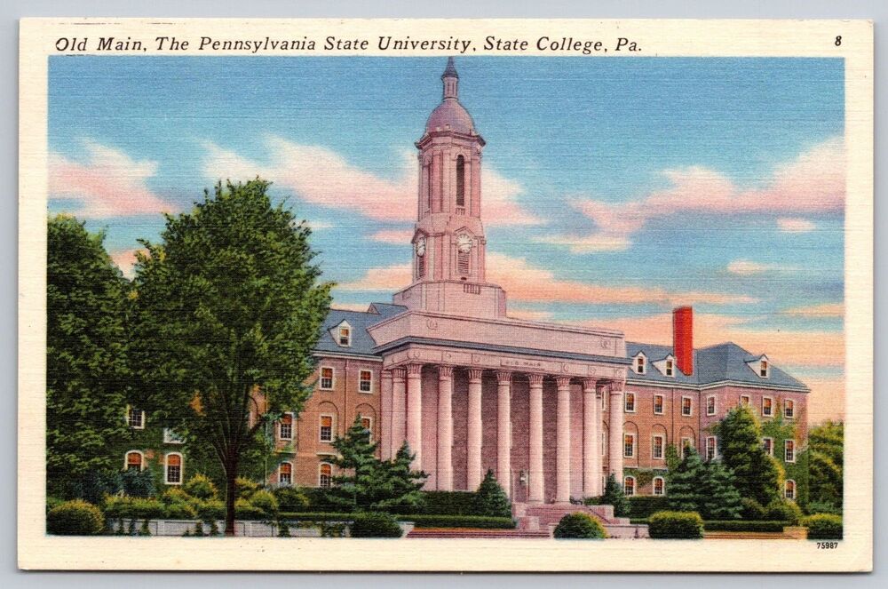 Vintage Penn State University Postcard Old Main State College PA Linen 75987